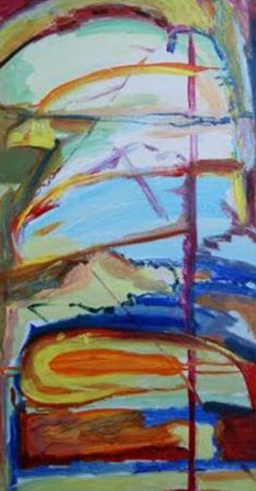 Abstract painting: vertical composition of layered colorful shapes, with a blue sky-like center.