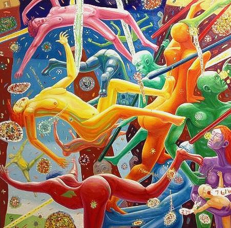 Colorful figures in dynamic poses, with surreal background of spheres and lines.