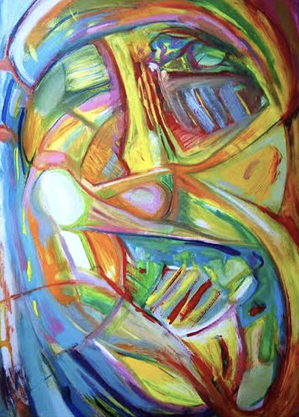 Abstract painting, swirling colors: yellow, blue, and orange. Appears to depict a figure with ambiguous features.