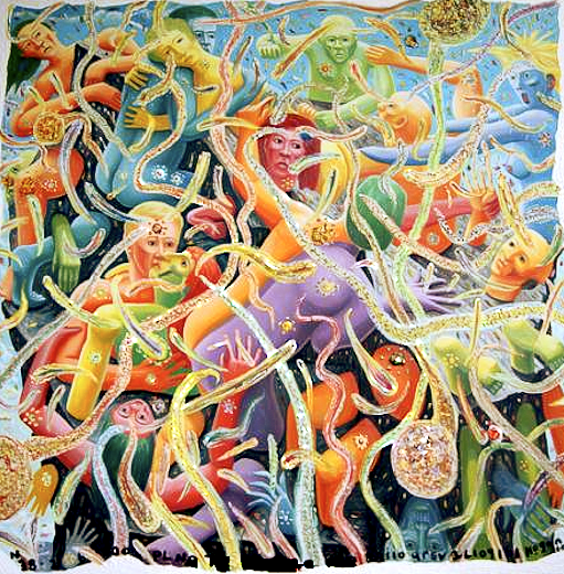 Colorful figures entangled by swirling, tentacle-like strands. Bodies in motion, interacting within a blue backdrop.
