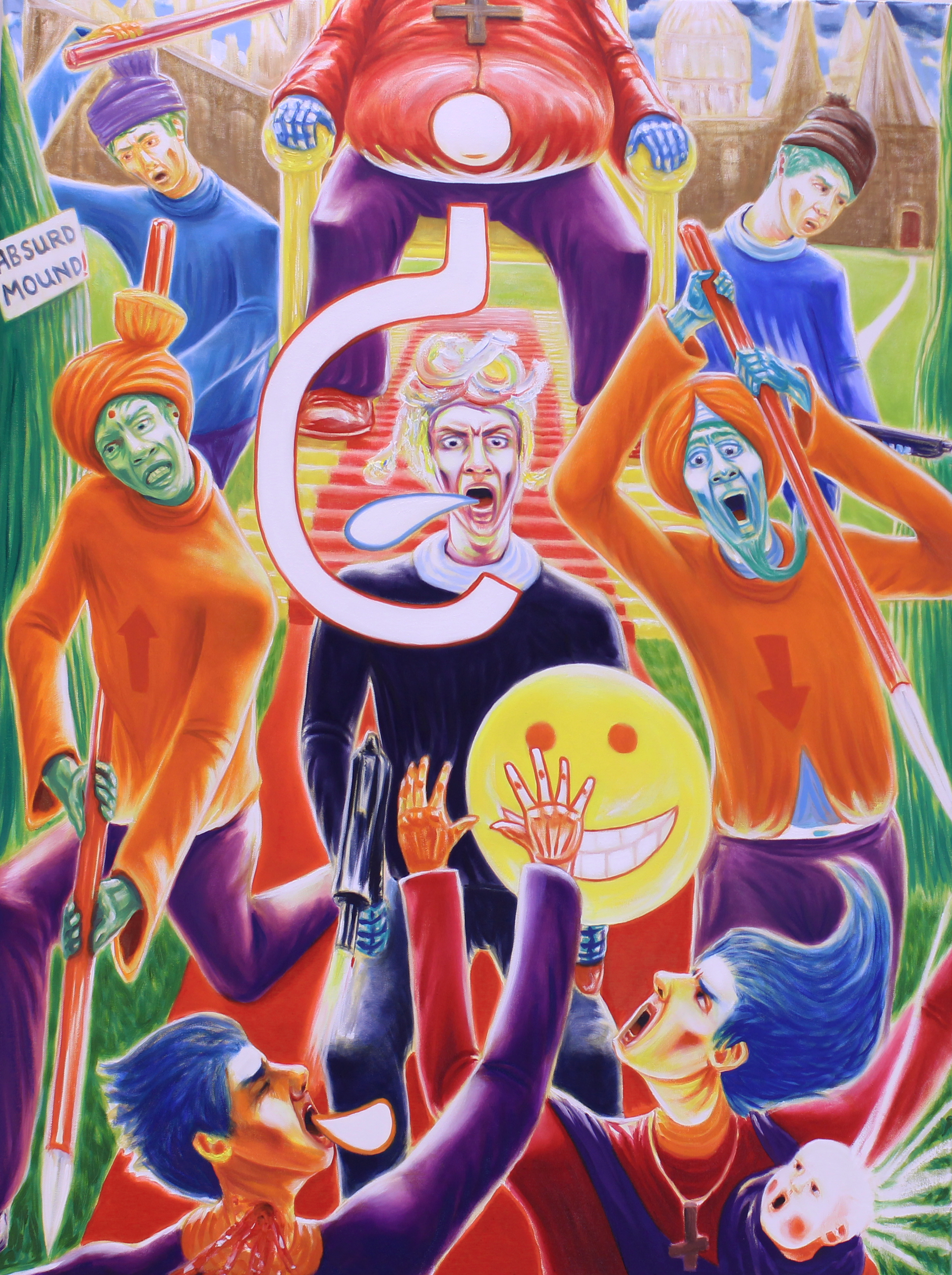 Colorful poster with a central portrait and people dancing and cheering around it, in vivid orange, blue, and red.