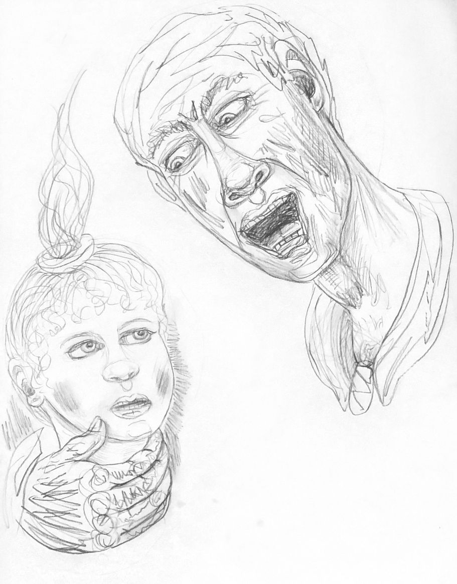 Two sketches: one of a candle-topped head with a hand at the chin; the other of a man with an anguished expression.