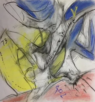 Abstract artwork with blue, yellow, and red shapes, charcoal and pencil strokes, and the word 
