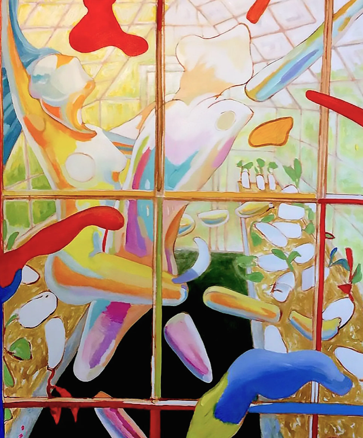 Abstract painting with colorful, organic shapes, suggesting figures and a greenhouse through a window.