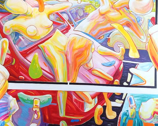 Abstract, colorful artwork with swirling shapes in reds, yellows, and blues, with a hint of a car's interior.