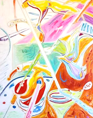 Abstract painting with curved lines and shapes in bright colors.