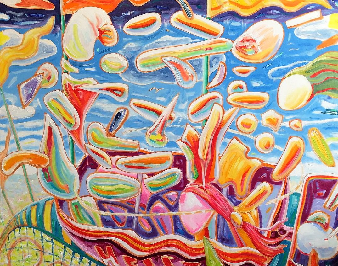 Abstract painting with swirling shapes in blue, orange, and yellow.