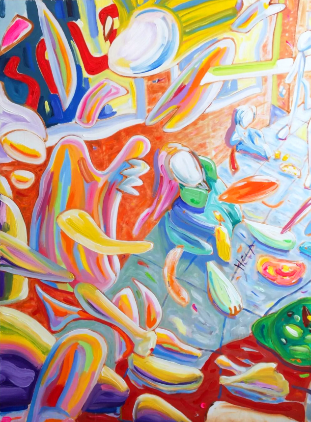 Abstract painting with colorful, flowing shapes, some resembling figures, against a red and blue backdrop.