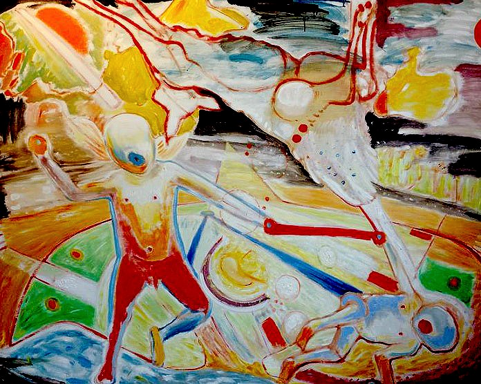 Abstract painting of figures in action, vibrant colors. One figure in red pants throws a punch at another.