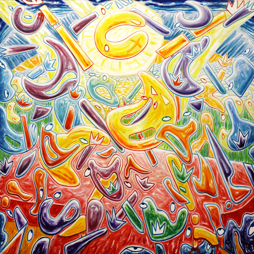 Abstract colorful painting with swirling yellow, blue, red, and orange shapes and playful faces