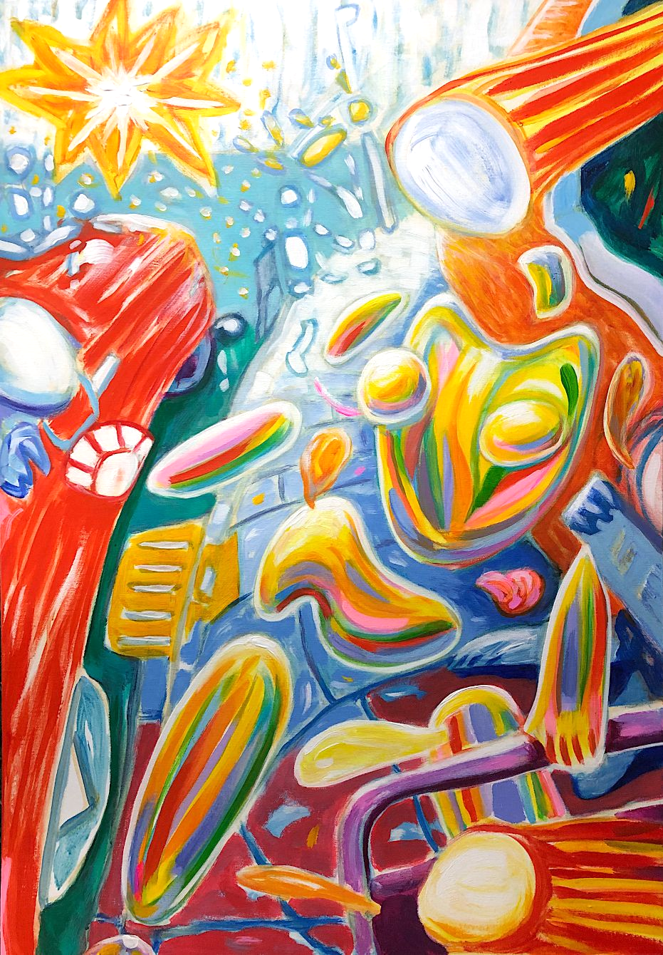 Abstract colorful scene with red figures, swirling shapes, and bright stars against a blue background