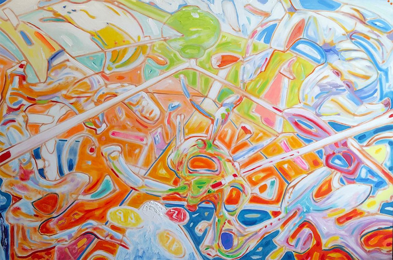 Abstract colorful painting with orange, blue, yellow, and white swirling brushstrokes and layered geometric shapes
