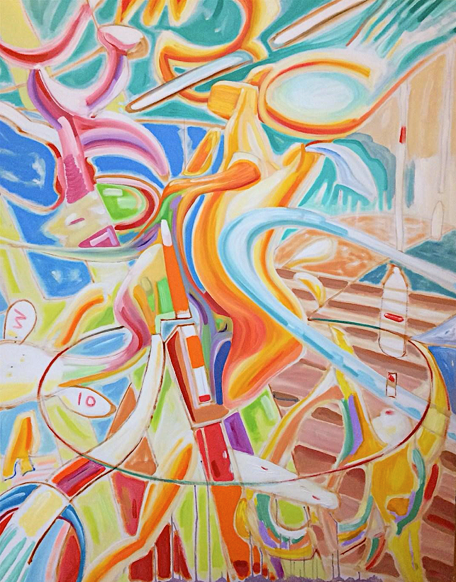 Abstract painting with swirling pastel ribbons, bright oranges, blues, pinks, and layered geometric shapes