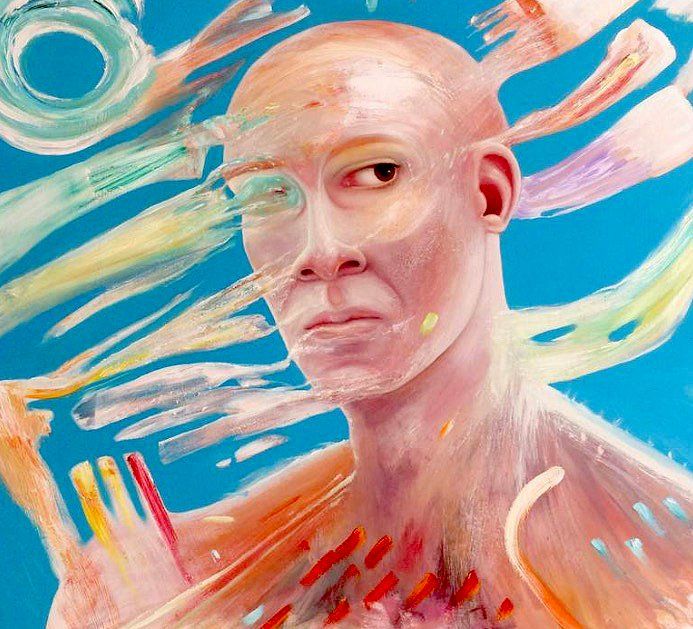 Bald person with pale skin and serious expression, surrounded by colorful streaks against a blue background.