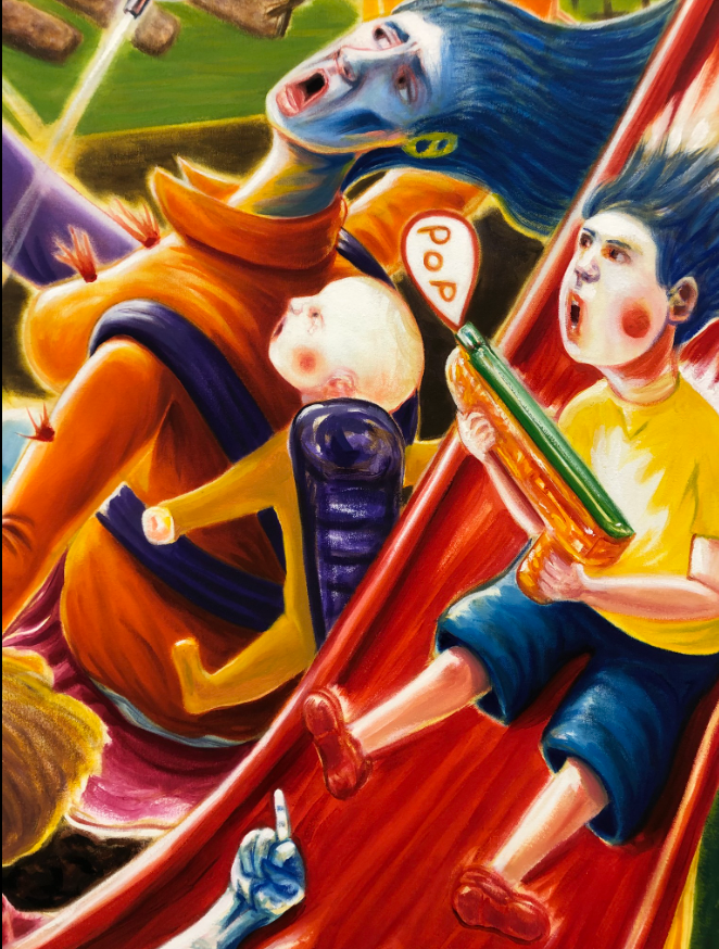 A child on a red slide aims a water gun at a figure with blue skin, who is screaming. A baby is in a carrier.