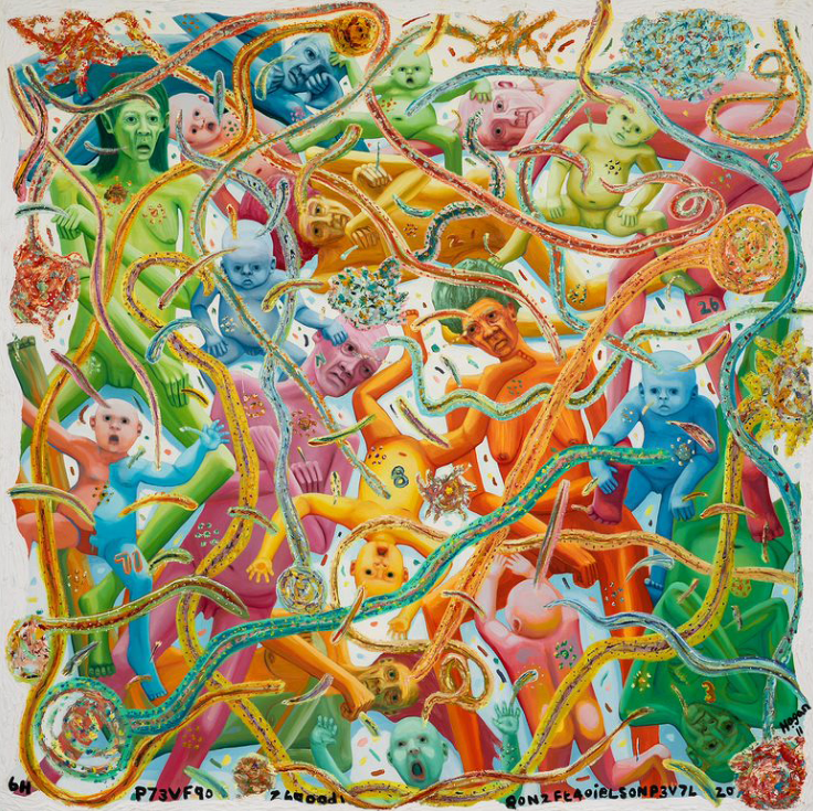 Colorful figures entangled in looping strands. Faces show various expressions; set against a white background.