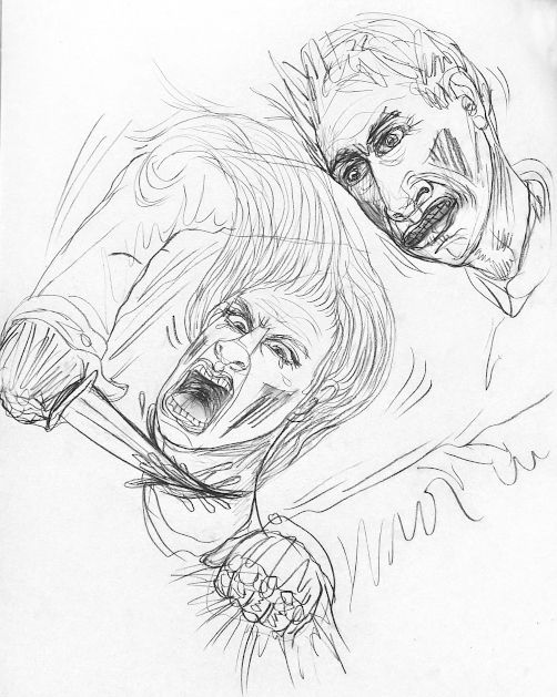Two people, mid-fight. One person's arm punches the other, who screams in pain. Drawn in pencil.