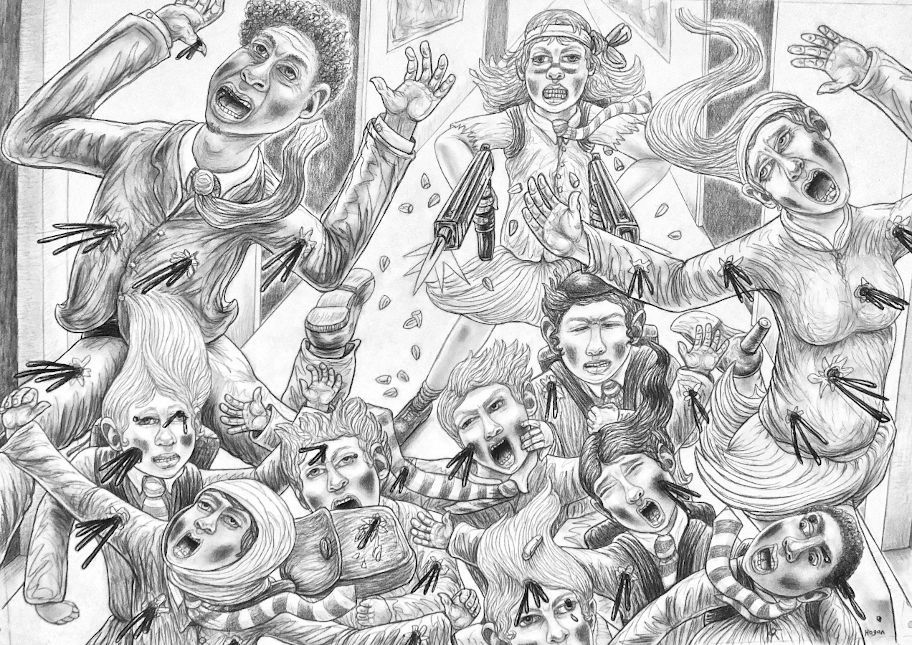 Crowd of smiling people in a black-and-white pencil sketch, dancing and cheering at a lively celebration