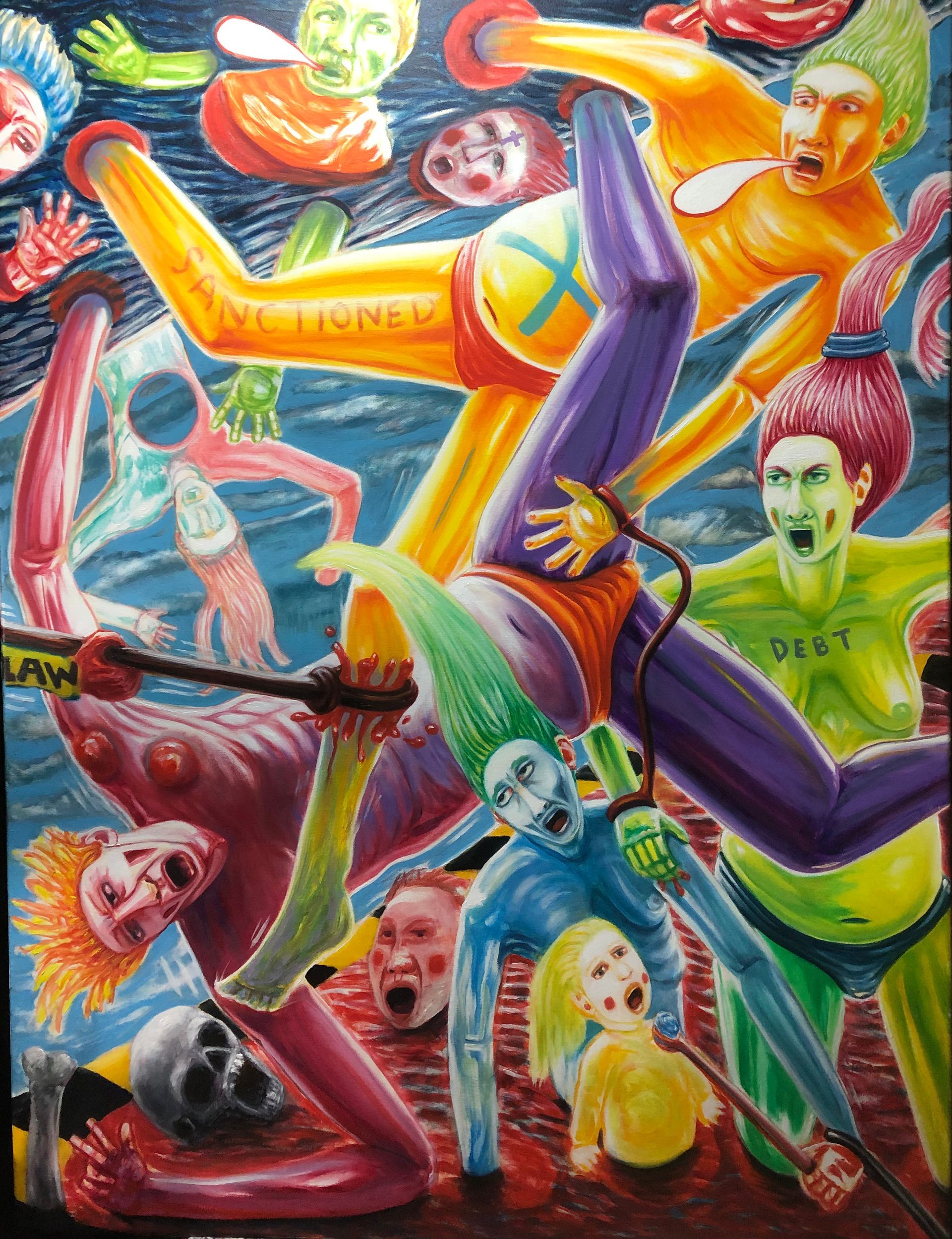 Colorful figures in chaotic poses, some with exposed bodies, anguished expressions, surrounded by blood.