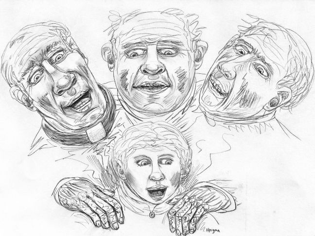 Four people's faces with expressions of surprise and fear clustered together. Hands surround a fifth, surprised face.