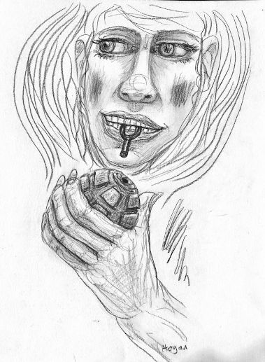 Woman holding a grenade with pin in mouth, looking to the side with a serious expression.