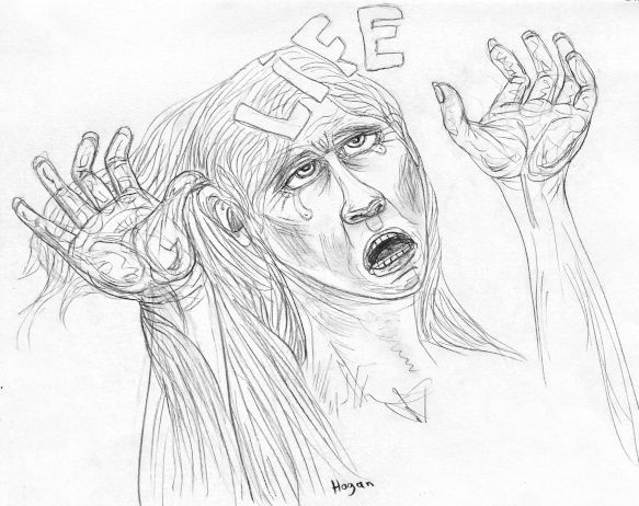 Person with panicked expression, arms outstretched, word