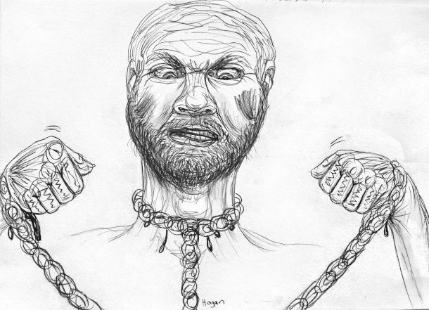 Man, straining against chains around neck and wrists, angry expression.