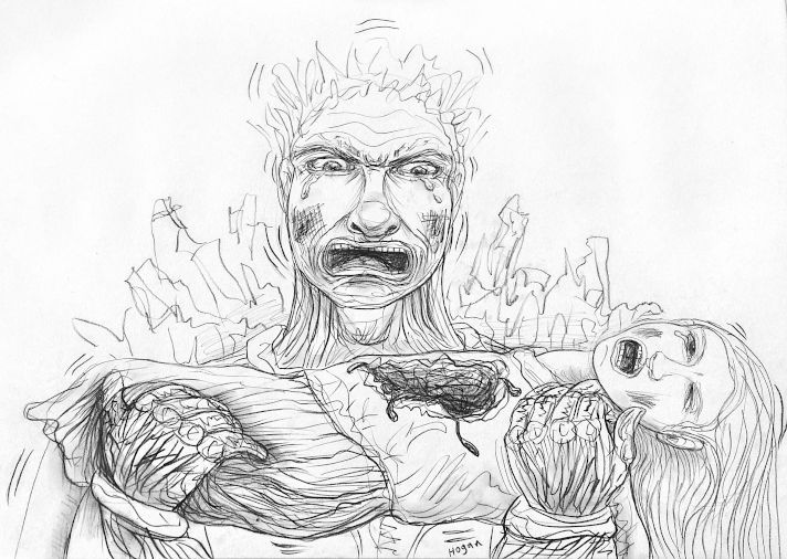 Man holding a crying child with a bloody chest wound. The man has a horrified expression.