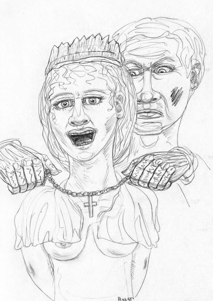 A woman with a crown and cross necklace, reacting to a man behind her putting it on.