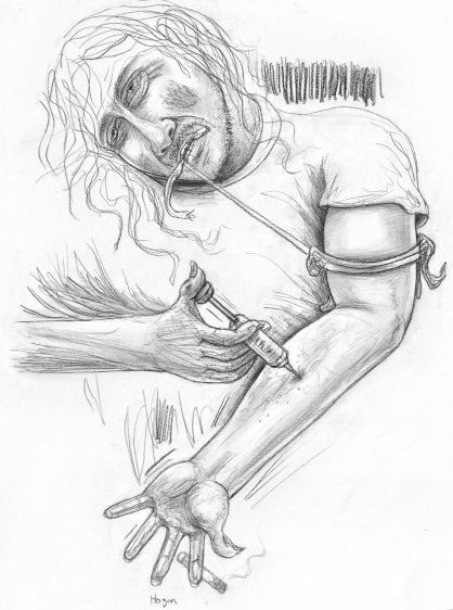 Man injecting drugs into his arm. He has a distressed expression and a tourniquet on his arm.