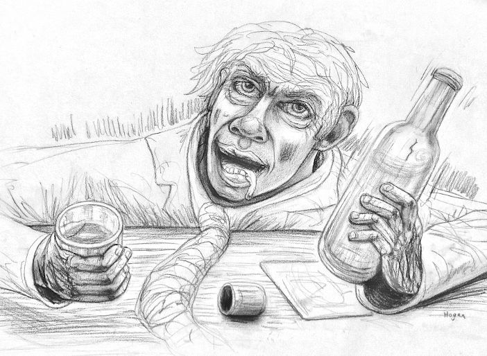 Drunk person at a table, holding a bottle and glass. Empty bottle, slumped posture, and disheveled appearance suggest intoxication.