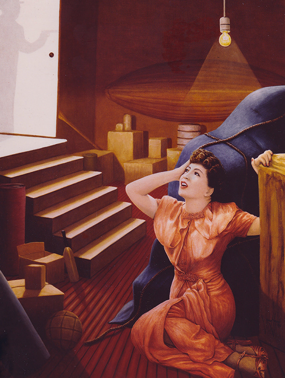 Woman in orange dress, eyes wide, reacts in a shadowed room with open door, boxes, and stairs.