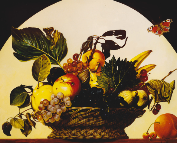 Fruit basket with grapes, apples, pears, and leaves on a table, with a butterfly in the upper right