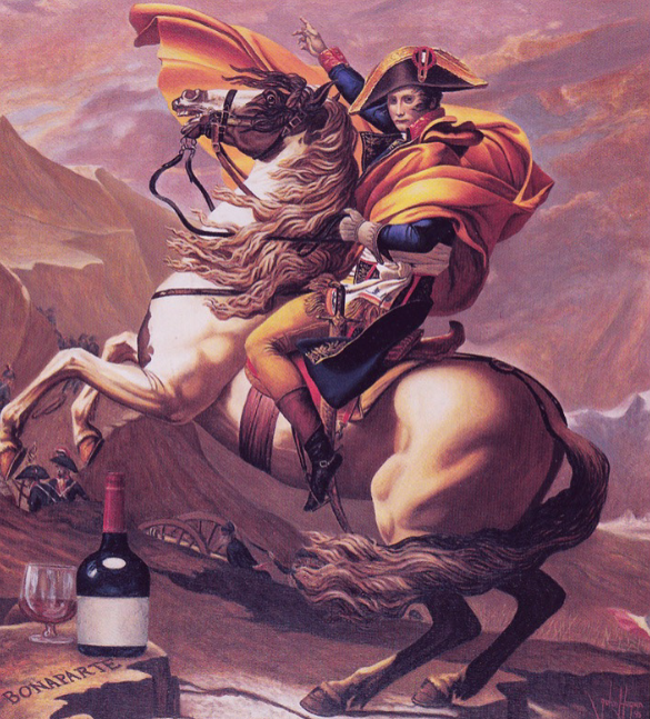 Napoleon on a rearing white horse in a dramatic mountain scene, with a wine bottle in the foreground