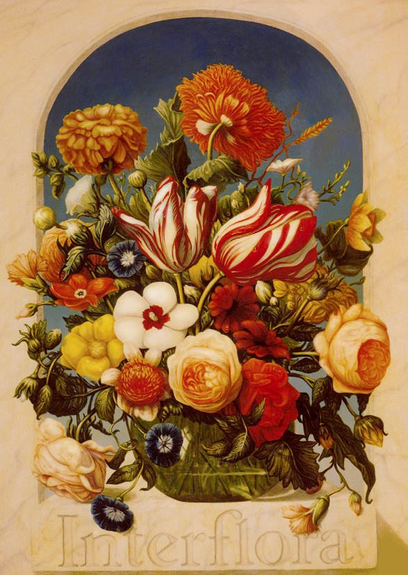 Floral bouquet with orange, cream, and red blooms against a blue oval background