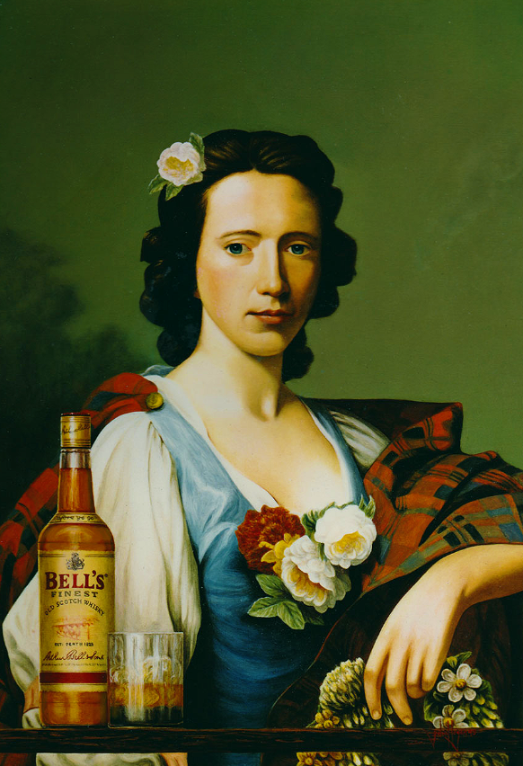 Woman in blue dress and plaid shawl with Bell's whisky. Green background. Flowers.