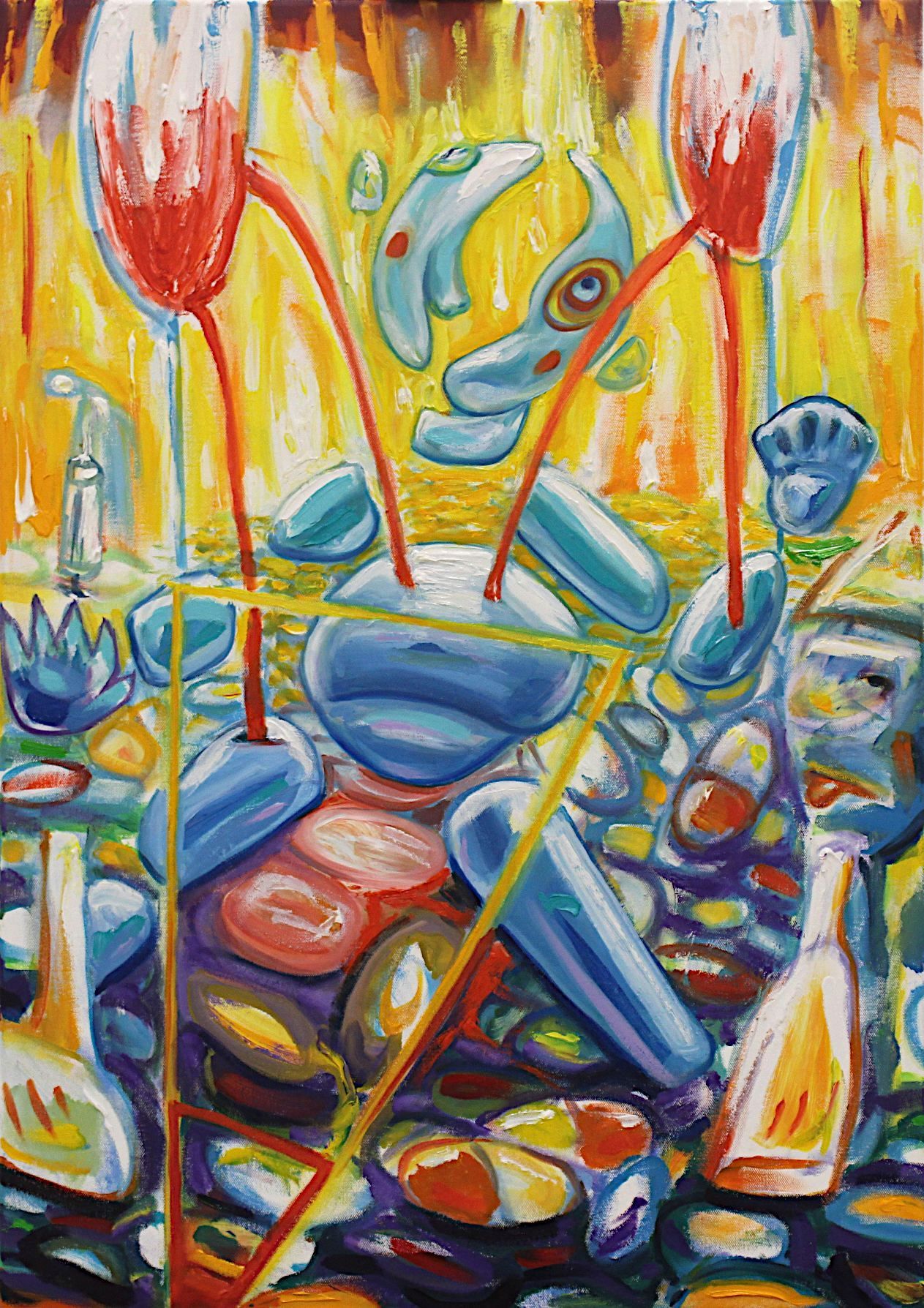 Abstract colorful painting of fish, boats, and flowers with bold red, blue, and yellow strokes