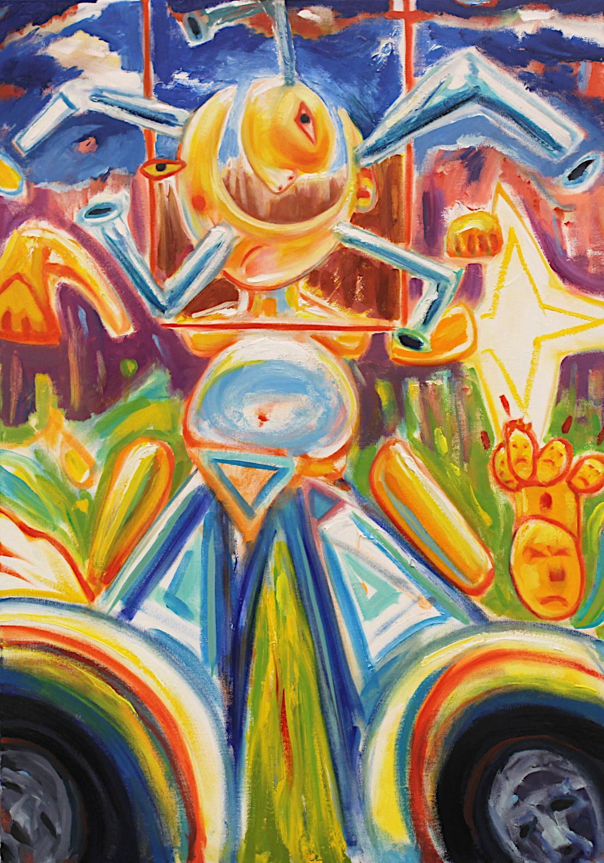 Colorful abstract painting of a figure with a golden head, blue body, and rainbow arcs against a vibrant sky.