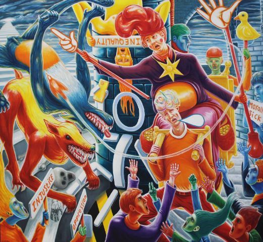 Colorful painting of figures protesting. A central figure with a star holds a scepter, while others bear signs.