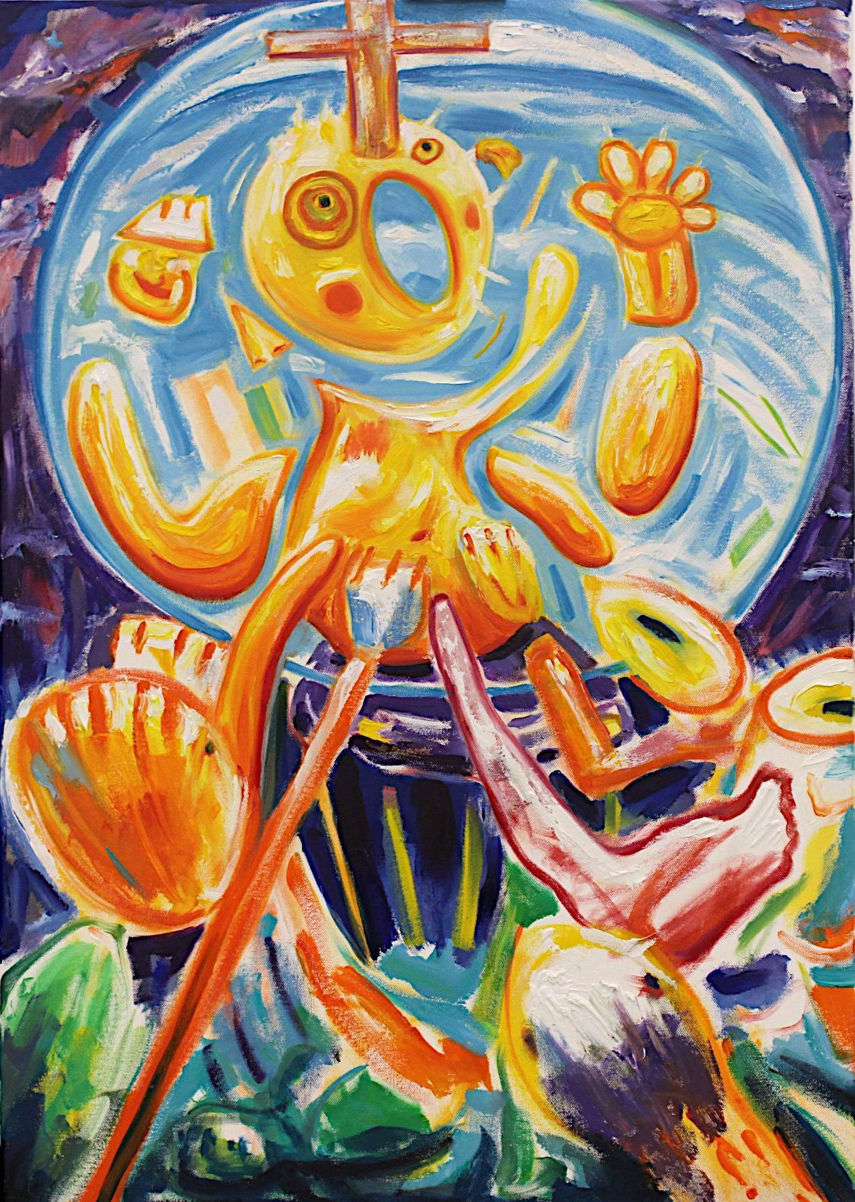 Abstract colorful painting with a circular blue background and yellow-orange symbols, hand-like forms, and a cross-like shape