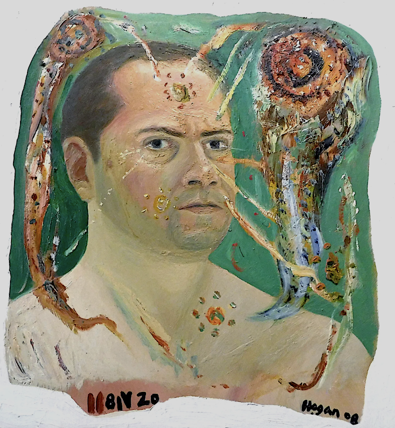 Self-portrait with green background and snail-like forms; man with concerned expression. Oil on stone.