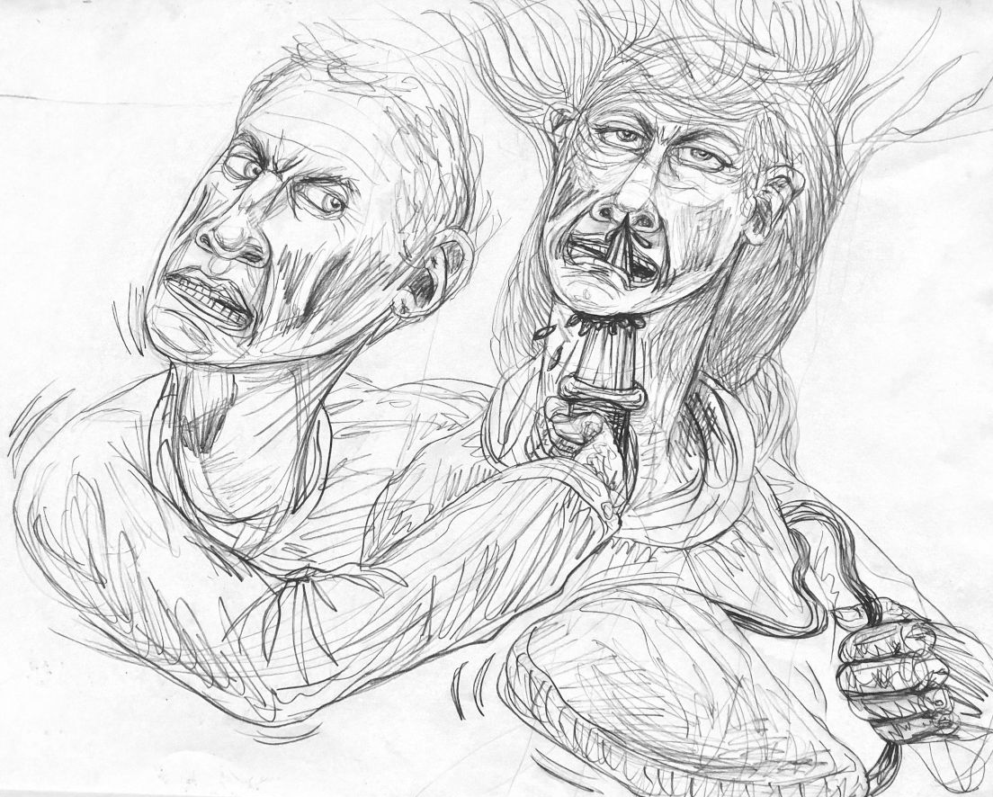 Two grotesque figures, one holding the other's neck. Both have distorted faces and a sketchy style.