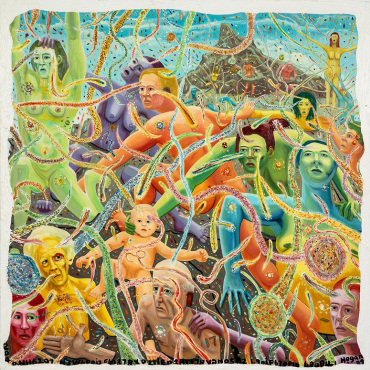 Colorful figures entangled in swirling lines, possibly representing energy or connection, with a pyramid in the background.