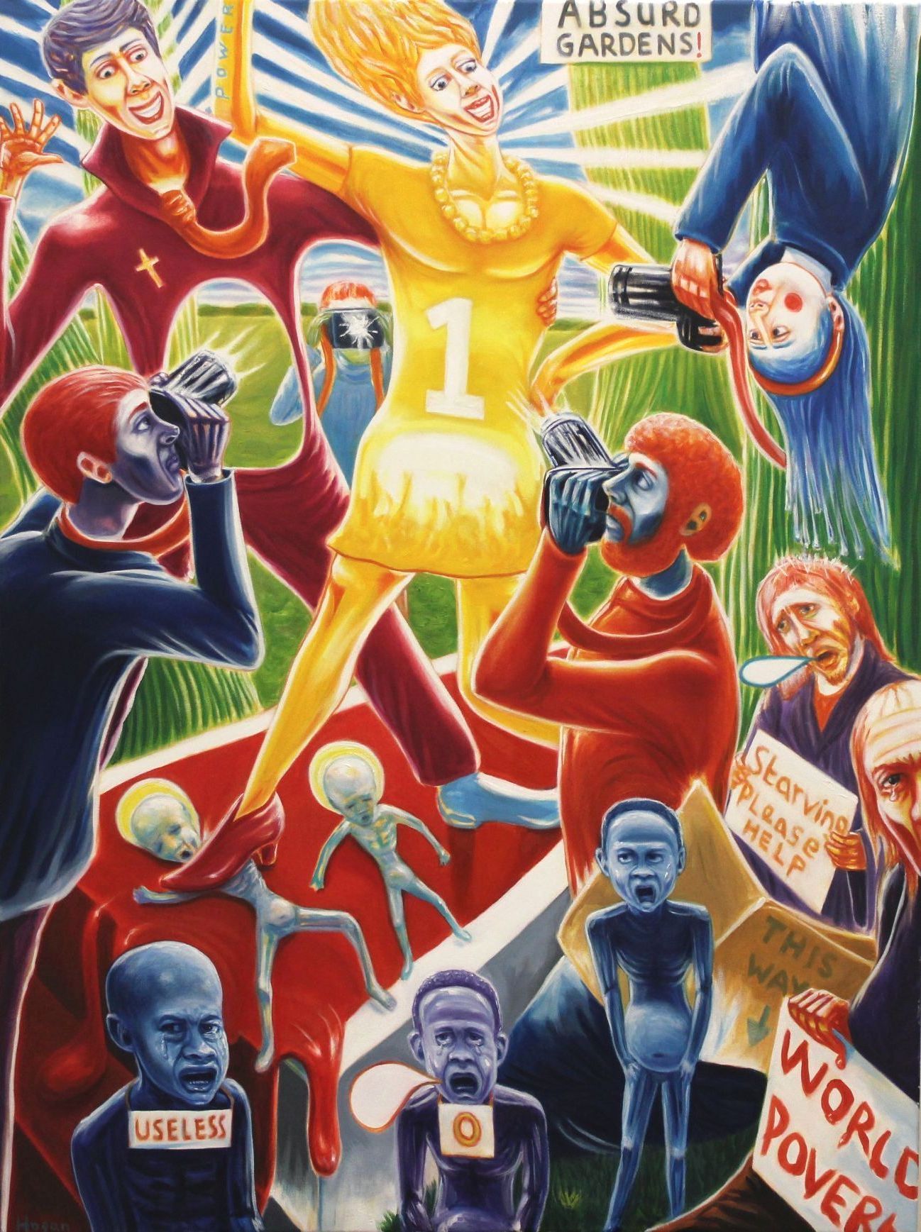 Surreal painting: woman in yellow holding a gun, surrounded by figures with grim expressions and poverty signs.