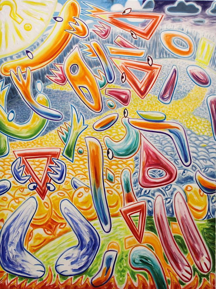 Abstract colorful painting with swirling orange, blue, red, and yellow geometric shapes and flowing lines