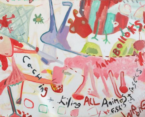 Colorful, chaotic artwork with creatures and text that includes 