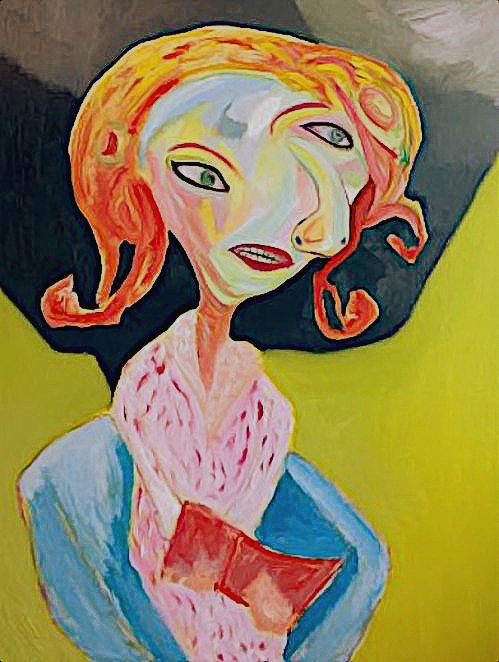 Whimsical portrait of a woman with orange hair, light blue coat, and pink scarf, holding a red book.