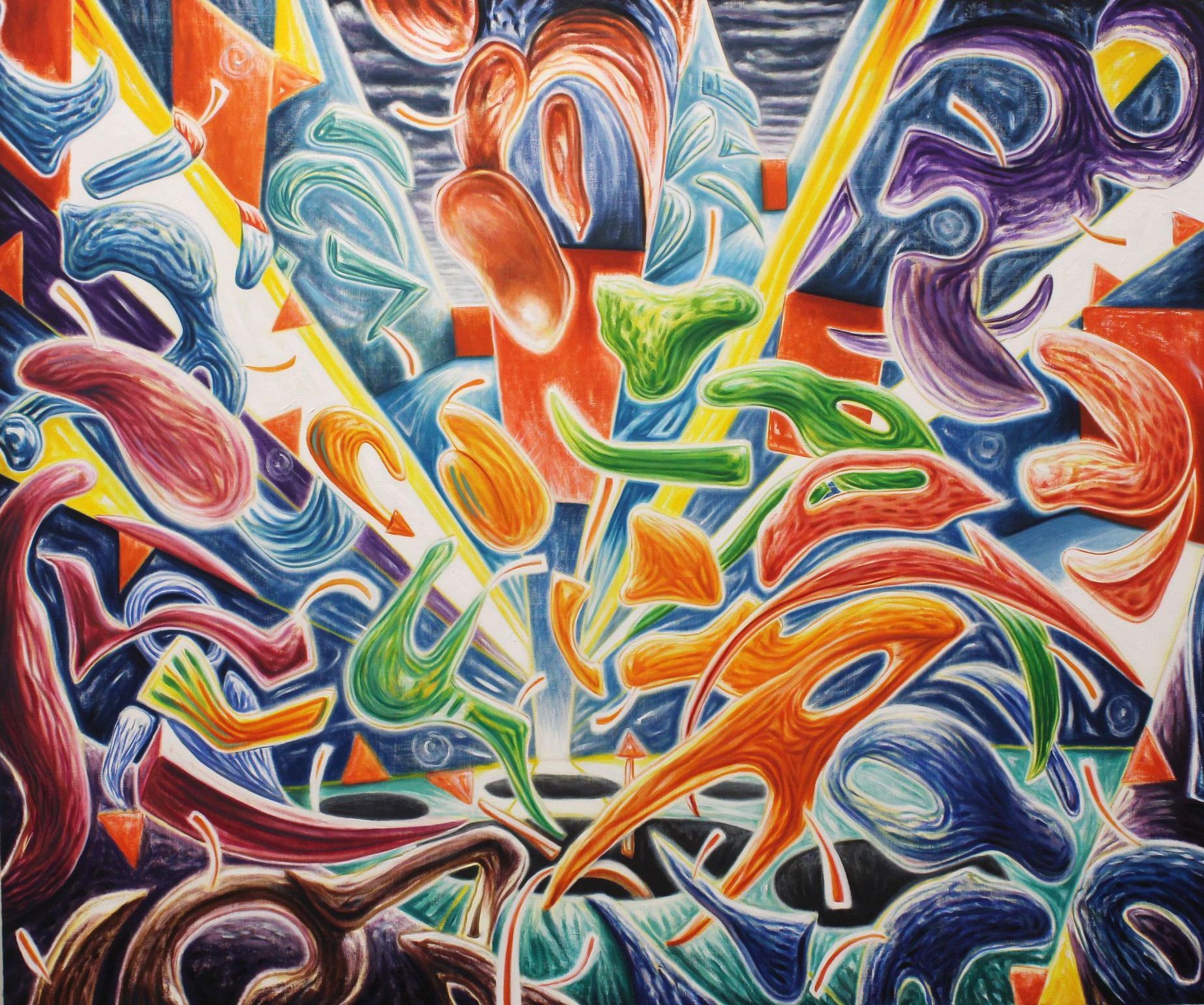 Abstract colorful painting with swirling red, blue, green, and orange shapes on a white background