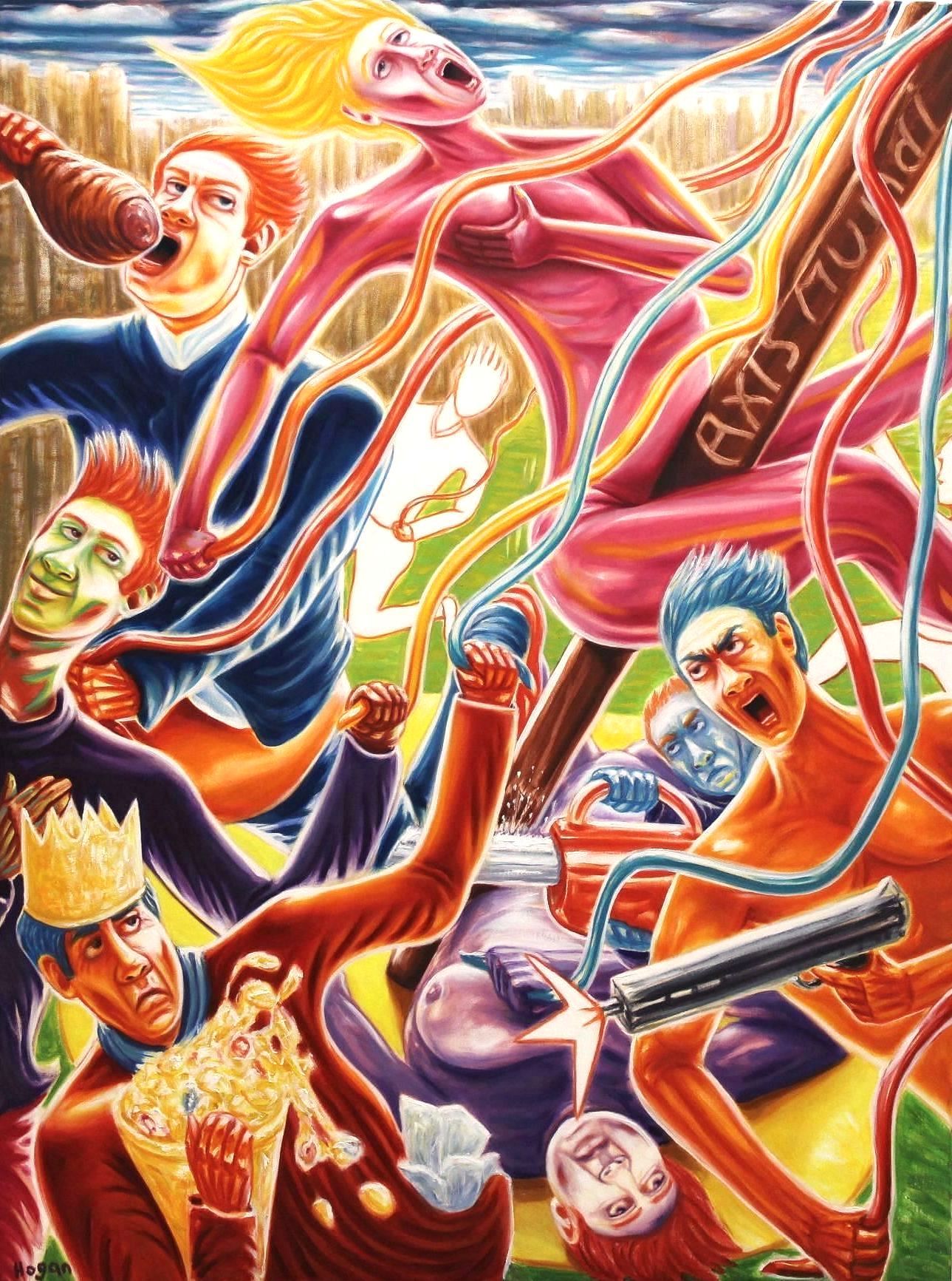 Chaos scene with figures screaming, grasping, and fighting around a pole labeled 