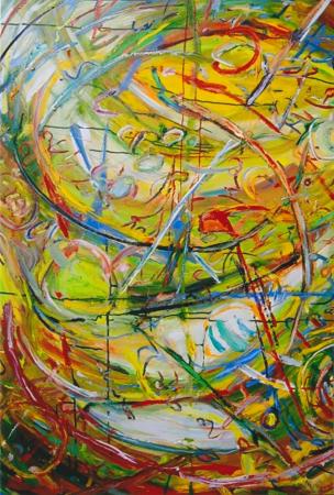 Abstract colorful painting with swirling red, yellow, green, and blue brushstrokes
